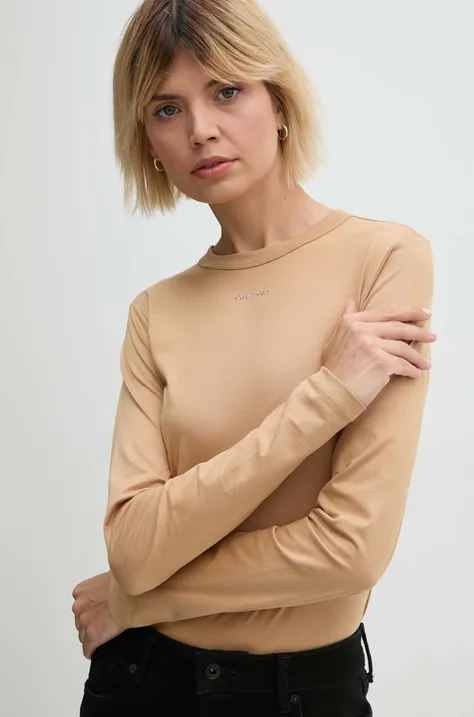 Βαμβακερή μπλούζα με μακριά μανίκια Calvin Klein χρώμα: μπεζ, K20K207572