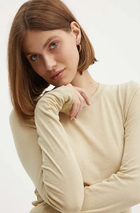Bavlněné tričko s dlouhým rukávem Calvin Klein Jeans béžová barva, J20J224335