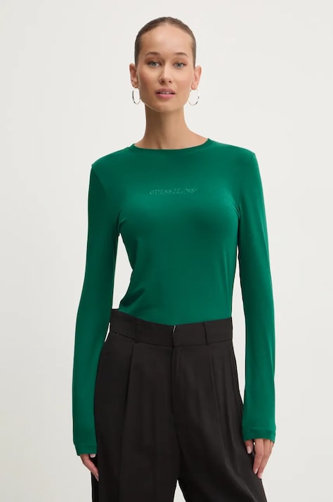 Guess Jeans longsleeve femei, culoarea verde, W4YI22 J1314