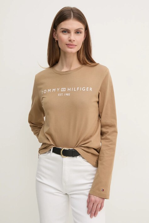 Tommy Hilfiger longsleeve din bumbac culoarea maro, WW0WW43620