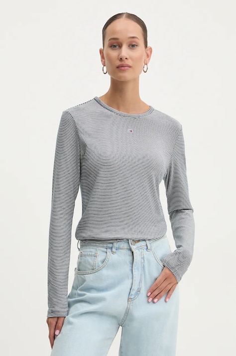Tričko s dlouhým rukávem Tommy Jeans tmavomodrá barva, DW0DW19043