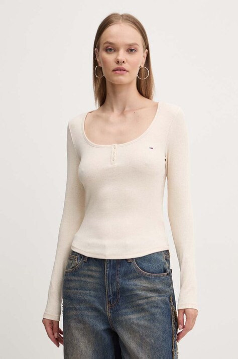 Majica z dolgimi rokavi Tommy Jeans ženska, bež barva, DW0DW18805