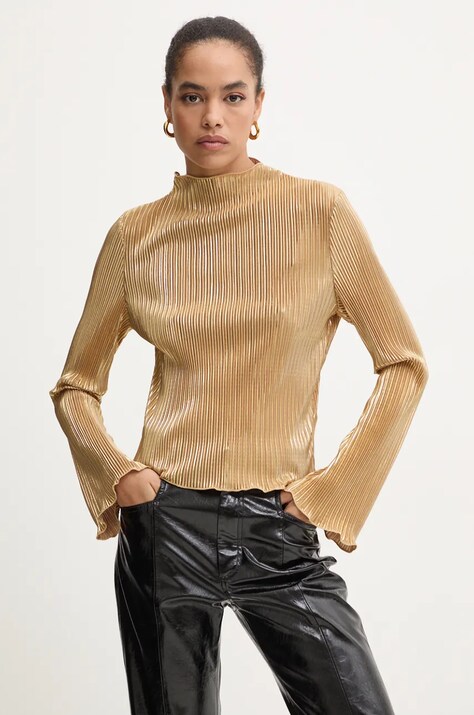 Never Fully Dressed bluza Gold Plisse Top femei, culoarea auriu, neted, NFDTO1576