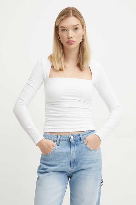 Abercrombie & Fitch longsleeve femei, culoarea alb, KI139-4893