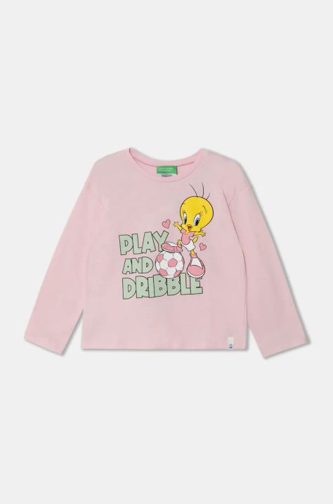 United Colors of Benetton longsleeve din bumbac pentru copii x Looney Tunes culoarea roz, 3ATNG10HG