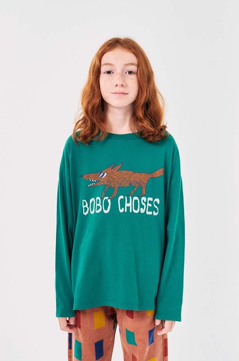 Хлопковый детский лонгслив Bobo Choses The Clever Fox цвет зелёный с принтом 224AC019