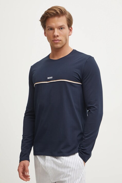 BOSS longsleeve lounge culoarea albastru marin, cu imprimeu, 50515378