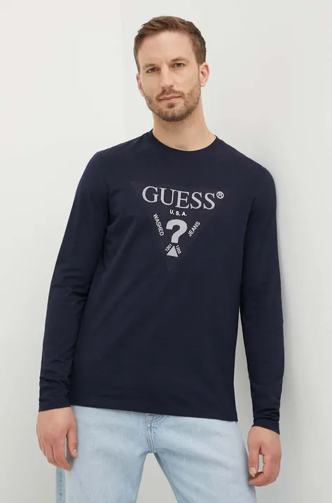 Bavlnené tričko s dlhým rukávom Guess tmavomodrá farba, s nášivkou, M4YI06 I3Z14