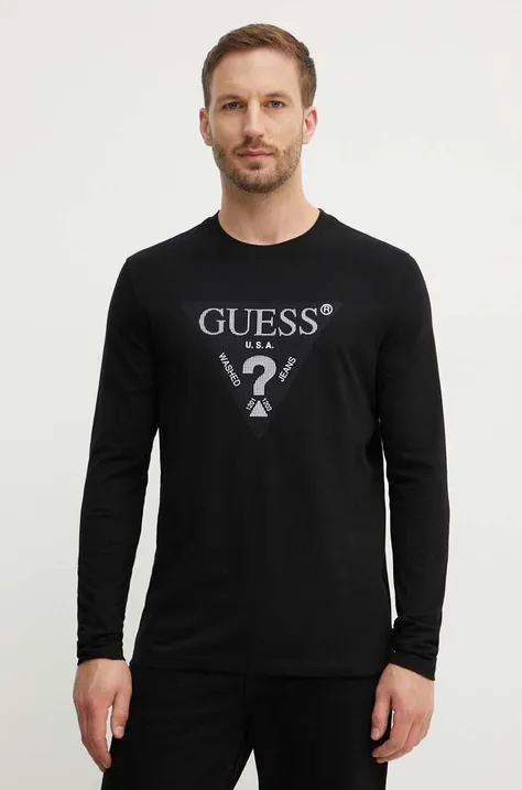 Bavlnené tričko s dlhým rukávom Guess čierna farba, s nášivkou, M4YI06 I3Z14