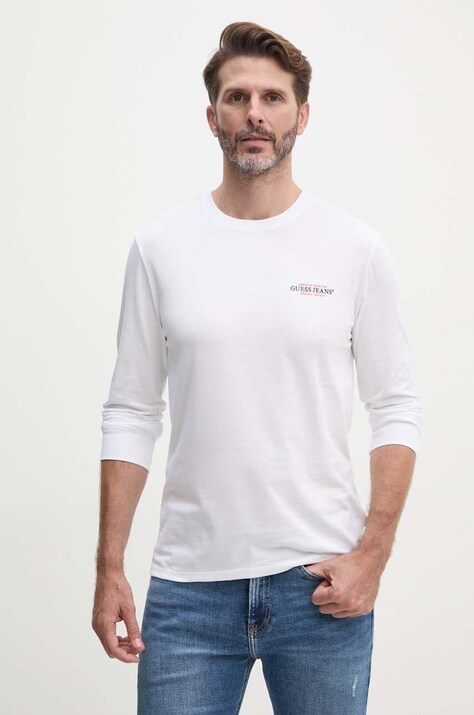 Guess Jeans longsleeve din bumbac culoarea alb, cu imprimeu, M4YI54 K8HM0