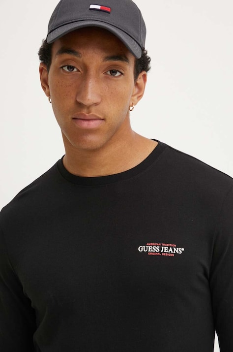 Guess Jeans longsleeve din bumbac culoarea negru, cu imprimeu, M4YI54 K8HM0