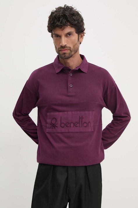 Βαμβακερή μπλούζα με μακριά μανίκια United Colors of Benetton χρώμα: μοβ, 3G9WU3020