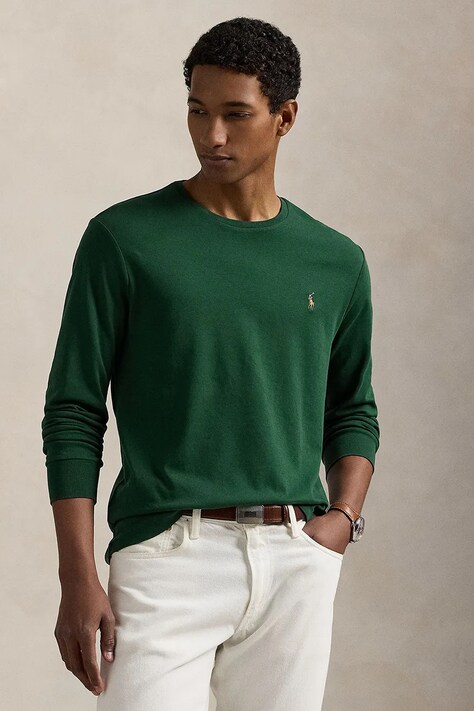 Polo Ralph Lauren longsleeve bawełniany kolor zielony gładki 710760121