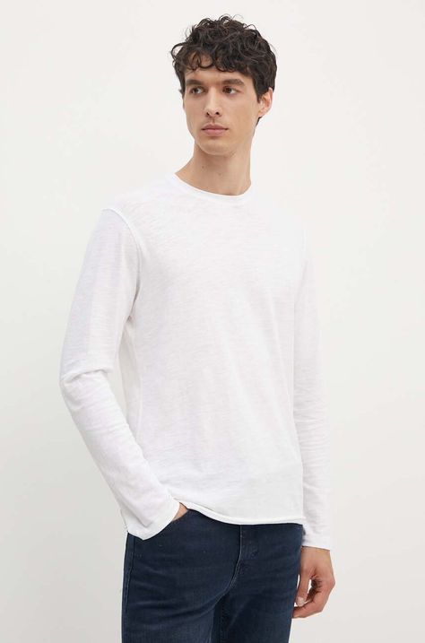 Βαμβακερή μπλούζα με μακριά μανίκια Sisley χρώμα: άσπρο, 3WF0S1013