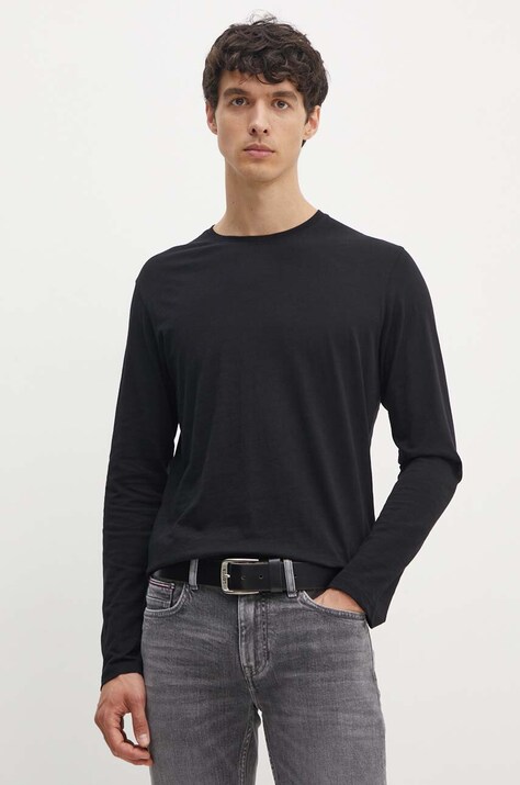 Sisley longsleeve din bumbac culoarea negru, neted, 3WF0S1013