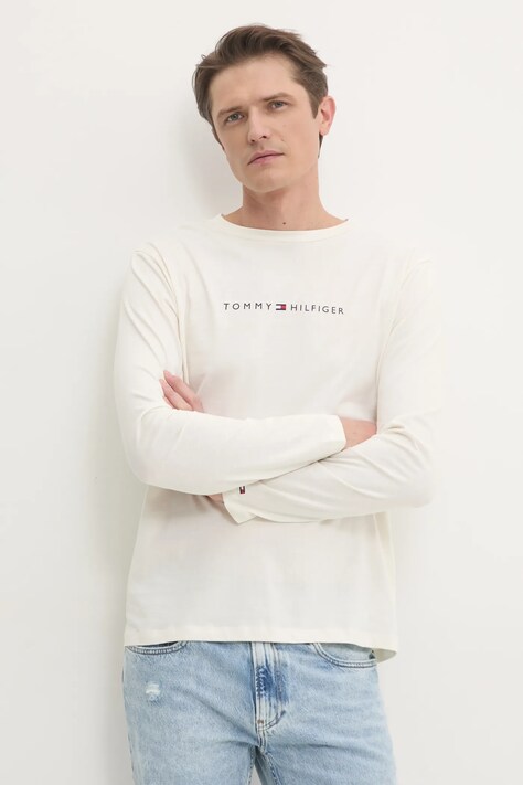 Tommy Hilfiger longsleeve din bumbac culoarea bej, cu imprimeu, UM0UM03345