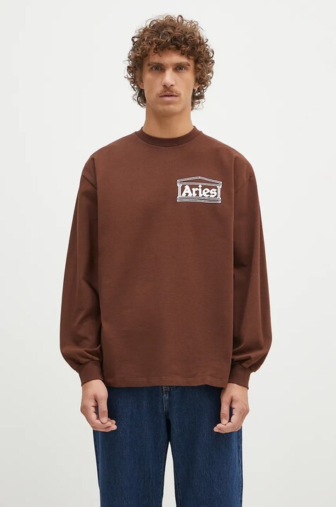 Bavlnené tričko s dlhým rukávom Aries Temple Longsleeve Tee hnedá farba, s potlačou, AR6066602