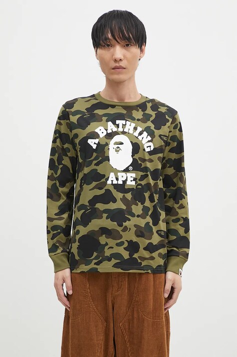 Bavlnené tričko s dlhým rukávom A Bathing Ape 1ST CAMO COLLEGE LONGSLEEVE TEE zelená farba, vzorované, 1K80111008