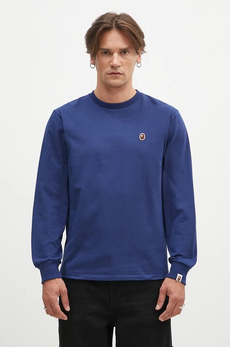 A Bathing Ape longsleeve din bumbac One Point Longsleeve culoarea albastru marin, neted, 1K80111017