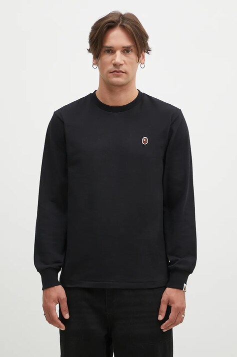 A Bathing Ape longsleeve din bumbac One Point Longsleeve culoarea negru, neted, 1K80111017