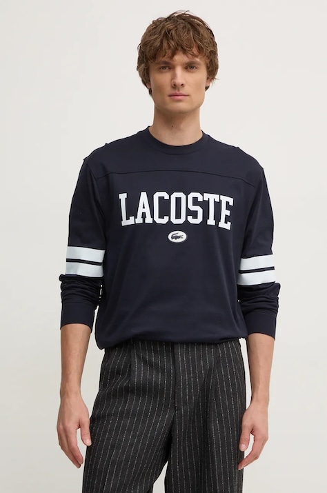 Lacoste longsleeve din bumbac culoarea negru, cu imprimeu, TH7609