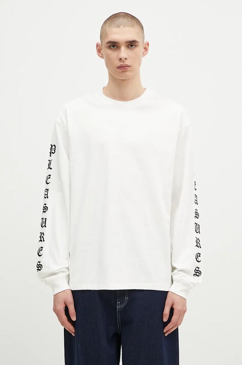 PLEASURES cotton longsleeve top Oe Heavyweight Long Sleeve white color with an application P24F045