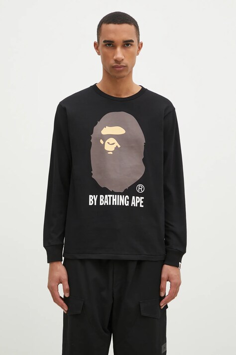 Памучна блуза с дълги ръкави A Bathing Ape By Bathing Ape Longsleeve в черно с принт 1K80111015