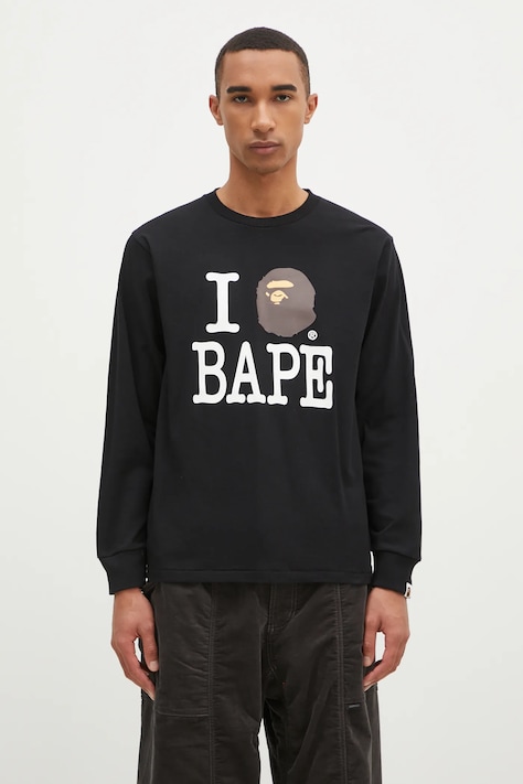Bavlnené tričko s dlhým rukávom A Bathing Ape I Love Bape Longsleeve čierna farba, s potlačou, 1K80111022