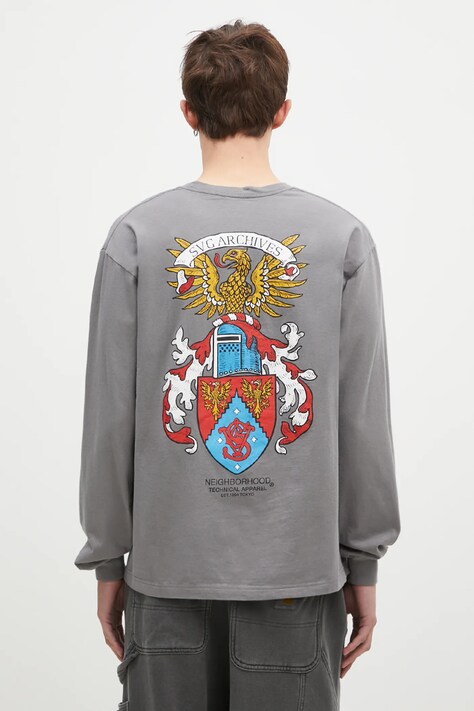 Bavlnené tričko s dlhým rukávom NEIGHBORHOOD Tee Longsleeve-13 šedá farba, s potlačou, 242PCNH.LT13