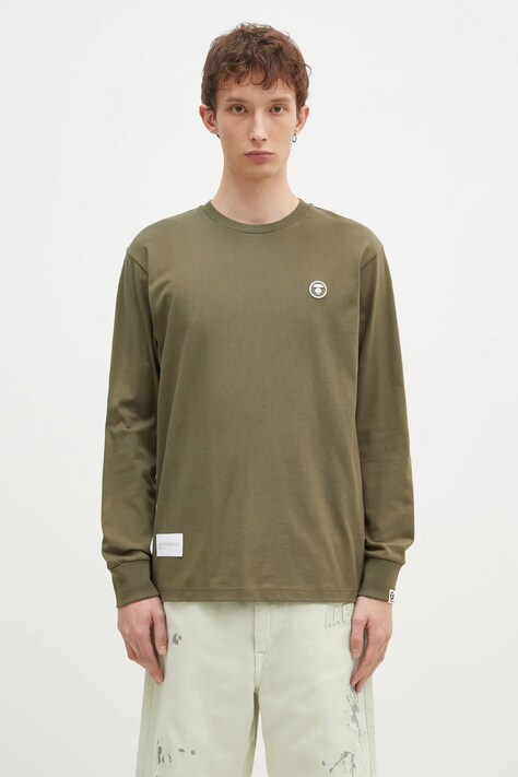 Памучна блуза с дълги ръкави AAPE Moon Face Logo в зелено с изчистен дизайн AAPLTM1540XXN