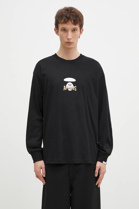 Памучна блуза с дълги ръкави AAPE Basic Long в черно с принт AAPLTM1559XXN