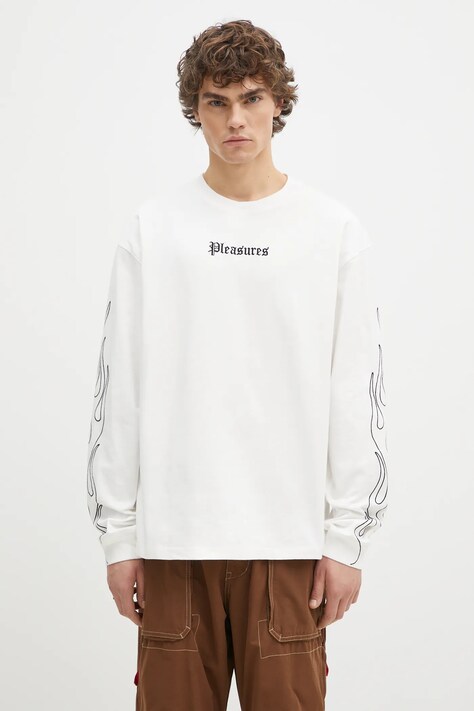 Bavlněné tričko s dlouhým rukávem PLEASURES Fiery Heavyweight Longsleeve bílá barva, s aplikací, P24W027
