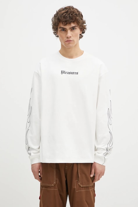 PLEASURES cotton longsleeve top Fiery Heavyweight Longsleeve white color with an application P24W027