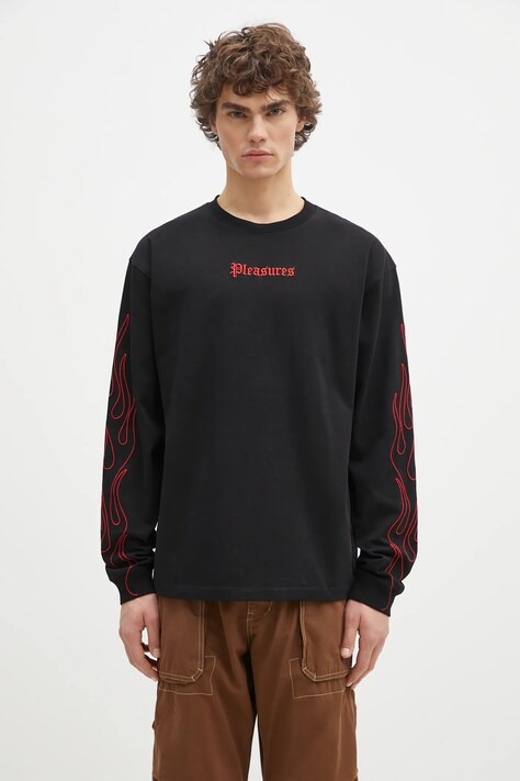 PLEASURES cotton longsleeve top Fiery Heavyweight Longsleeve black color with an application P24W027