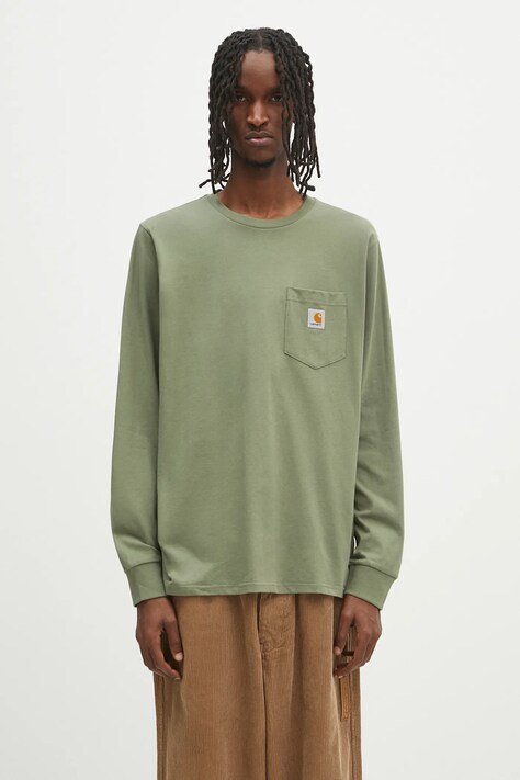 Bavlnené tričko s dlhým rukávom Carhartt WIP L/S Pocket T-Shirt zelená farba, jednofarebné, I030437.667XX