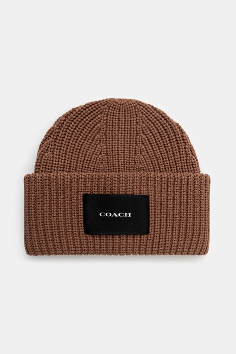 Coach czapka z domieszką wełny kolor brązowy z grubej dzianiny 29CO100424