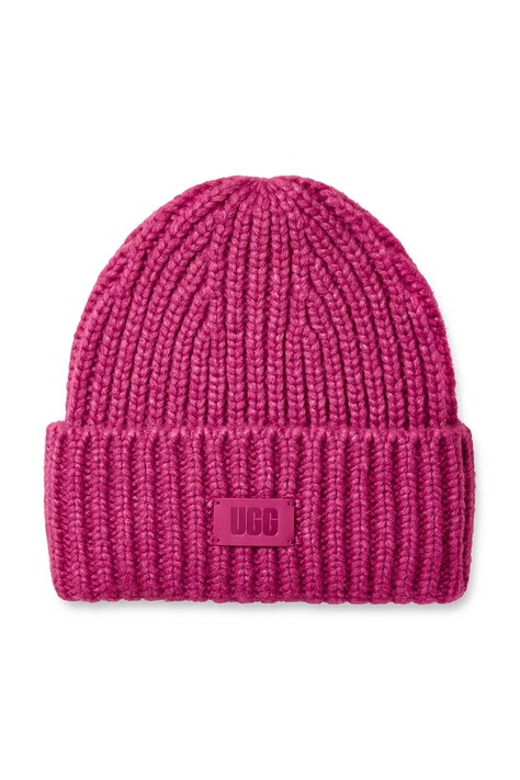 UGG czapka z domieszką wełny CHUNKY RIB BEANIE kolor różowy z grubej dzianiny 21687