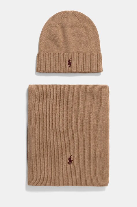 Polo Ralph Lauren caciula si fular din lana culoarea maro, 710951146
