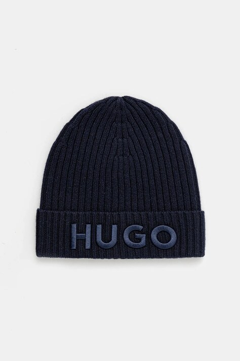 Шерстяная шапка HUGO цвет чёрный из тонкого трикотажа шерсть 50527804