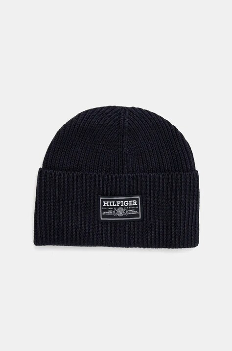 Вълнена шапка Tommy Hilfiger в тъмносиньо с фина плетка от вълна AM0AM12889