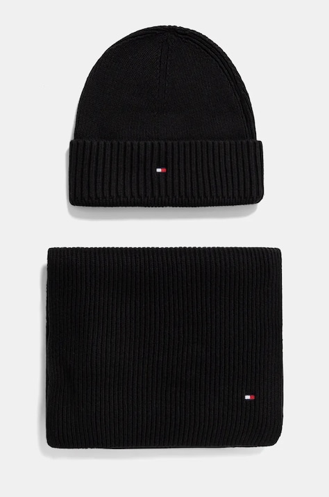 Kapa in šal s primesjo kašmirja Tommy Hilfiger črna barva, AM0AM12937