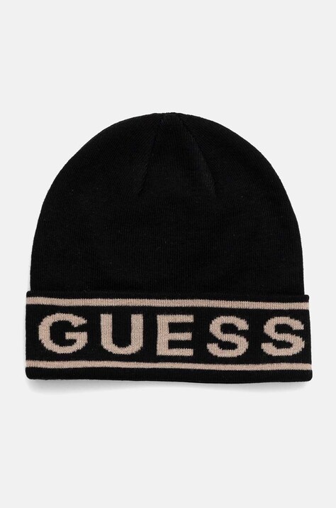 Шапка с примесью шерсти Guess LOGO BEANIE цвет чёрный из тонкого трикотажа M4BZ06.Z3H82