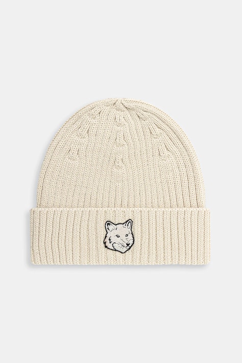 Maison Kitsuné czapka wełniana Bold Fox Head kolor beżowy z cienkiej dzianiny wełniana MM06111KT1022