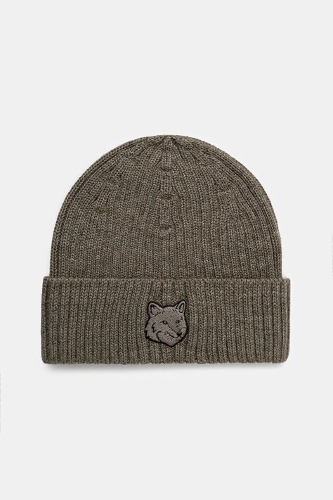 Maison Kitsuné czapka wełniana Bold Fox Head kolor zielony z cienkiej dzianiny wełniana MM06111KT1022
