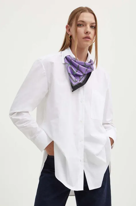 Bavlnená košeľa HUGO dámska, biela farba, voľný strih, s klasickým golierom, 50518003