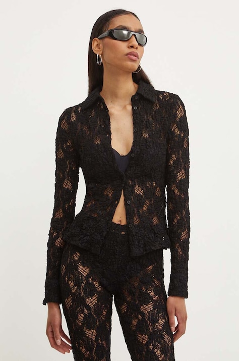 MSGM camasa femei, culoarea negru, cu guler clasic, slim, 3741MDE06.247624