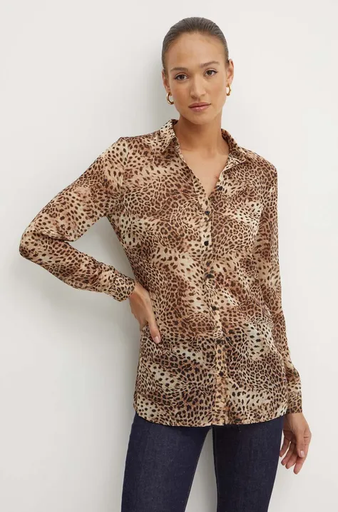 Košile Guess CLOUIS dámská, hnědá barva, regular, s klasickým límcem, W4YH65 WDW82