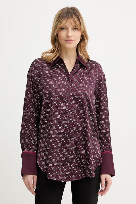 Guess koszula ALEXANDRA damska kolor bordowy regular z kołnierzykiem klasycznym W4YH47 WF1T2