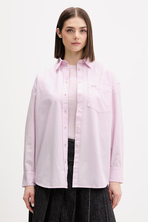 Guess Jeans koszula bawełniana damska kolor różowy relaxed z kołnierzykiem klasycznym W4YH22 WGCF1