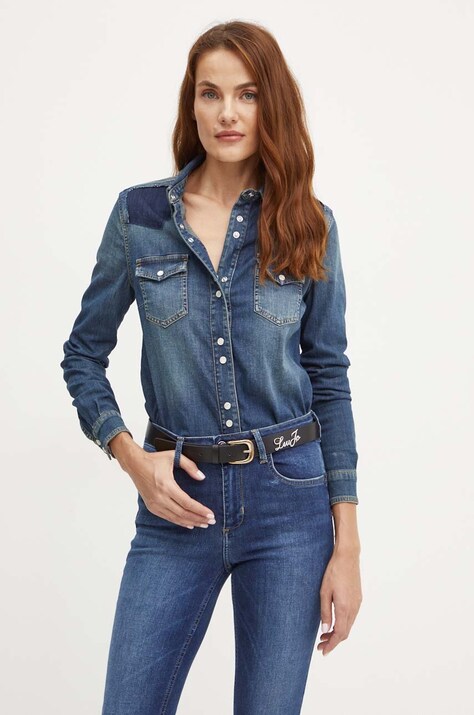 Pinko camasa jeans femei, cu guler clasic, regular, 103855 A20X